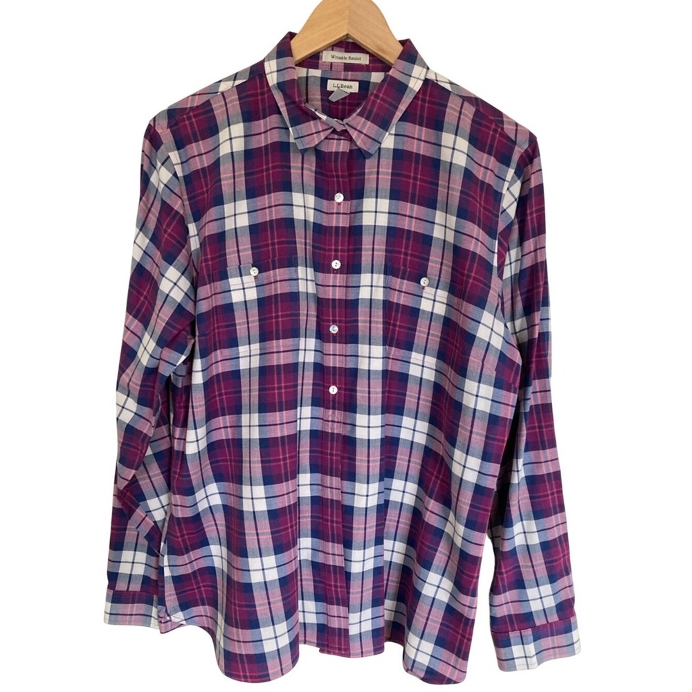 L.L. Bean Womens Plaid‎ Button Up Shirt Size Large Purple White Cotton Preppy